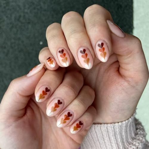 Image of Heart Press on Nails Brown Fake Nails Short Almond False Nails with Design Love Glue on Nails Glossy Artificial Acrylic Nail Full Cover Nude Stick on Nails for Women Manicure 24Pcs