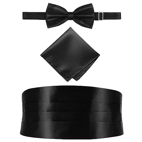 WINOMO 3pcs Men's Ties Cummerbunds & Pocket Squares Self Tie Bow For Men Cummerbund Set Satin And Square Suit Accessories Men's 1920s Cumberband Formal Accessory Black Silk Special Occasion Clothing