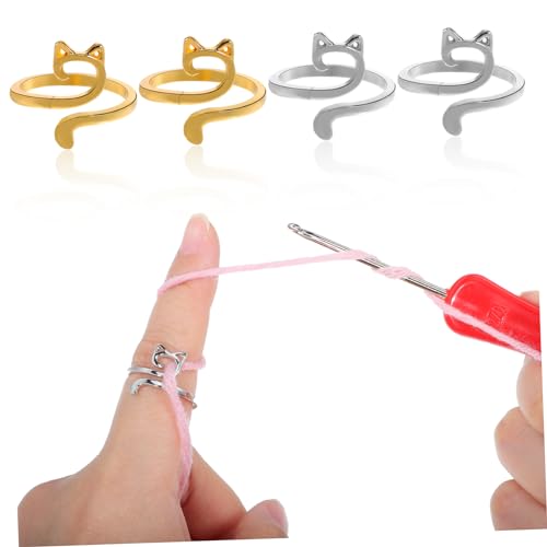 FOYTOKI 4個 猫耳付き調節可能な編み物用指リング 編み糸テンション調整可