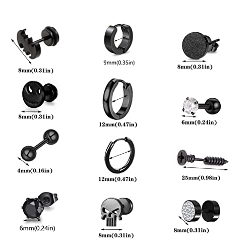 12 Pairs Earrings for Men Punk Mens Earrings Stainless Steel Black Silver Earrings Cool Flatback Screw Skull Stud Earrings for Eboys…2