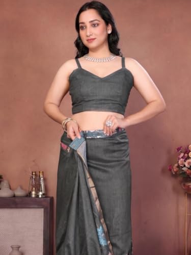 Image of SAMANTHA Black Floral Print Ready to Wear Linen Saree with Pocket & Adjustable Belt