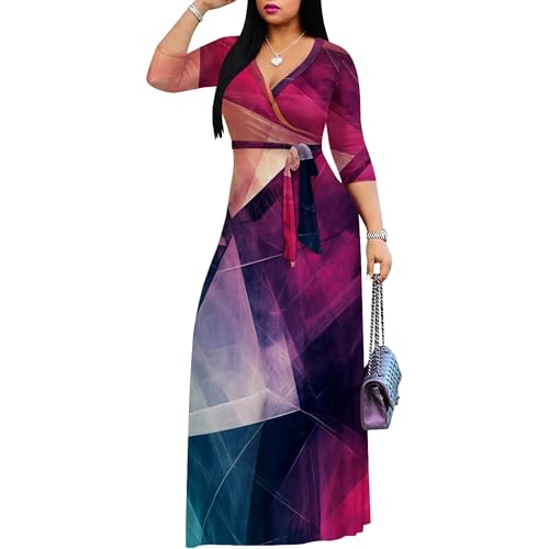 Image of PinkPatty Women's Plus Size Maxi Dresses Casual Flowy 3 /4 Sleeves Dress Printed Vacation Dress for Daily Wear with Belt