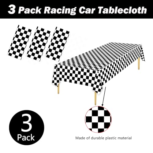 Image of Oigco 3 Pack Black and White Checkered Tablecloths Race Car Theme Tablecloths for Motor Racing Birthday Party Decorations, 54 inch x 108