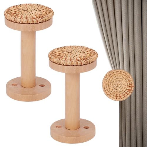 PH PandaHall 2 Sets Embrasses pour Rideaux 11.5 x 6 cm Embrasse en Bois à Fixation Murale Embrasses Rondes en Rotin Crochets pour Rideaux avec Vis Crochet...