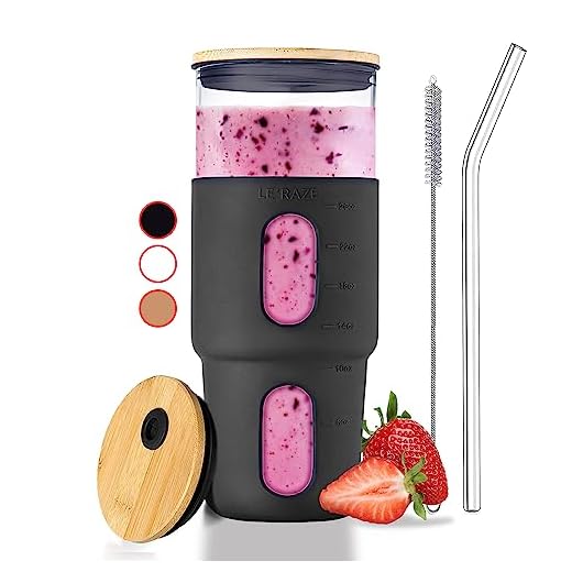 32oz Glass Tumbler with Straw & Bamboo Lid with Silicone Sleeve, Reusable Boba Smoothie Cup Iced Coffee Tumbler, Fits Cup Holder, Glass Water Bottle, BPA Free, Beer Mug & Stein Black