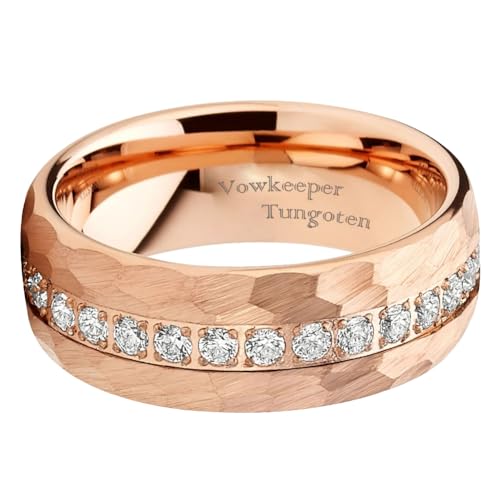 8mm Titanium Men's Wedding Ring - Silver/Black/Gold/Rose Gold, Diamond Inlay, Hammered Design, Lightweight Comfort Fit Sizes 8-13