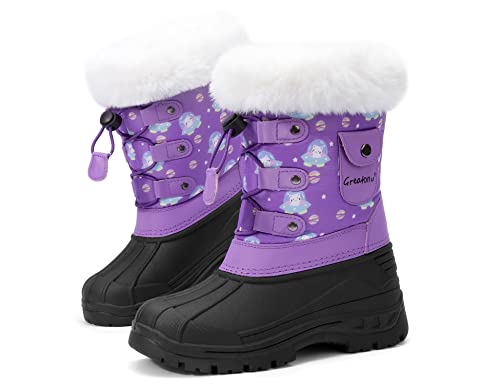 Greatonu Kids Snow Boots Boys Girls Mid Calf Insulated Waterproof With Faux Fur Winter Shoes Purple Cat Little Kids 13 #TOP1