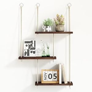 Fixwal Hanging Shelves for Wall, 3 Tier Boho Wall Decor Hanging Plant Shelf Floating Shelves Rope Rustic Wood Organizer Storage Hanger Rack for Aesthetic Home Bedroom Kitchen Bathroom – Dark Brown