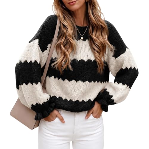 Striped Sweater Women Color Block Ruffle Sleeve Pullover Sweater Shirt - image 1