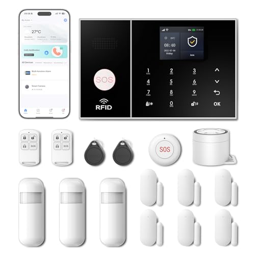 PGST Kit Alarma Casa,Alarma de Hogar Inalámbrica 4G gsm WiFi,Sistema de Alarma para el hogar con Sirena Tuya App,sensores de Ventana, PIR,Controles remotos, Funciona con Alexa y Google Assistant