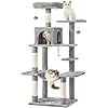 MSmask Kratzbaum groß, L Katzenbaum Stabil, Katzenkratzbaum mit Plattformen, Katzenhöhlen, Hängematte, Sisalsäulen, mehrstöckiger Kletterbaum für Katzen (Hellgrau, 150cm)