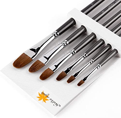 Sable Bristle Flat Paint Brush, Artists Filbert Paint Brushes 6Pcs With Long Wood Handle, Miniature Detail Brushes For Watercolor, Gouache, Ink, Oil, Acrylic Painting #TOP11