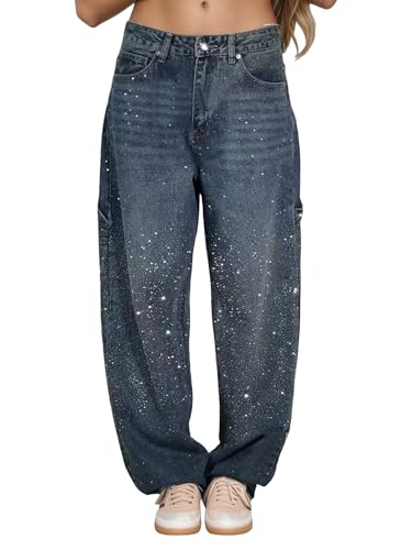 Women's Rhinestone Jeans Plus Size Wide Leg Denim Pants Casual Baggy Sparkly Trousers