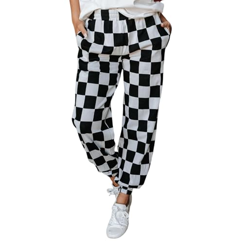 Women's Checkered Sweatpants Plaid Elastic Waist Joggers Casual Pants with Pockets