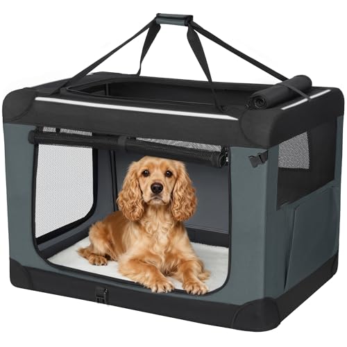 Fobyfurny Hundebox Faltbar, Hundetransportbox Tragbare mit 3-Türen, 76,2 x 53,4 x 53,4 cm, Transportbox Hund Atmungsaktiv, Reflektierenden Verzierungen und Taschen, Oxford-Gewebe, Grau, FPDT002OG1
