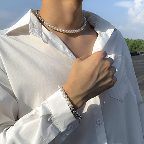Pearl Necklace For Men Fashionable Faux Pearl Bracelet Pearl Necklace Bracelet Set Pearl Choker Necklace For Boys Gold Silver White Round Pearl Necklace Bracelet(Silver) #TOP1