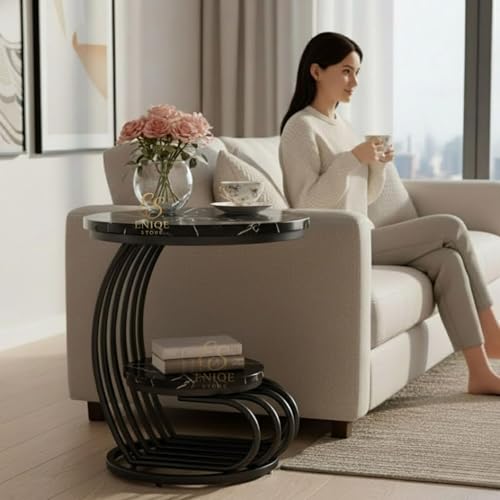 Image of Modern Designer Side Table with Dual Wooden Shelves | Heavy-Duty Metal Frame End Table for Living Room, Bedroom & Sofa Side Use (Black)