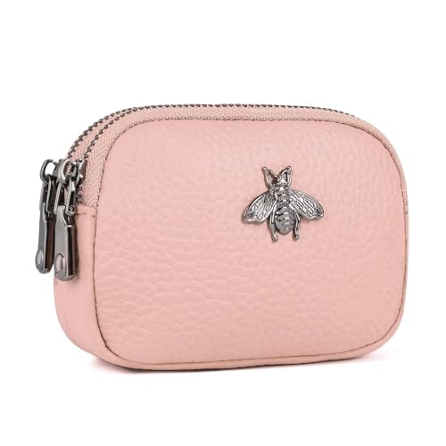 Image of MAVHVAM Ladies Genuine Leather Small Purse for Women Mini Wallet Coin Pouch Soft Credit Card Holder with Double Zip (Pink)