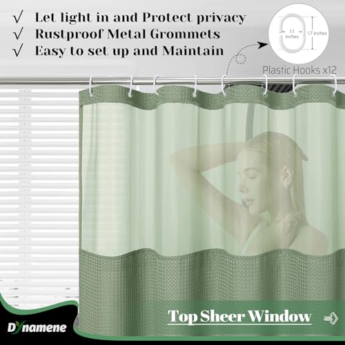 Dynamene Fabric Shower Curtain with Snap in Liner, Sage Green Waffle Hotel Shower Curtains for Bathroom, Washable Waterproof Cloth Shower Curtain Liner Set with Plastic Hook, Mesh Top Window, 72x72