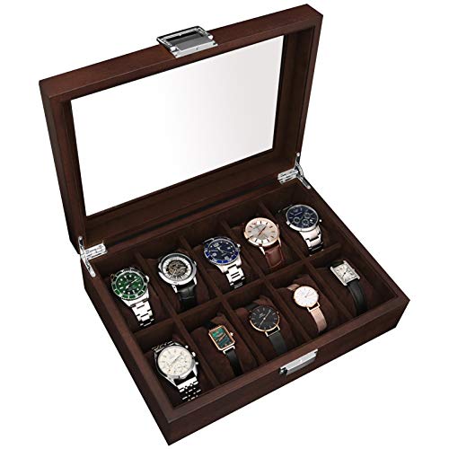 Eleganter Watch Box for Men Women Uhrenbox Herren Damen Holz Uhrenkoffer Uhrenkasten Uhrenvitrine Uhren Aufbewahrung Uhrenschatulle Uhr Organiser Travel, abschließbar, Glasfenster, 10 Compartments Cover
