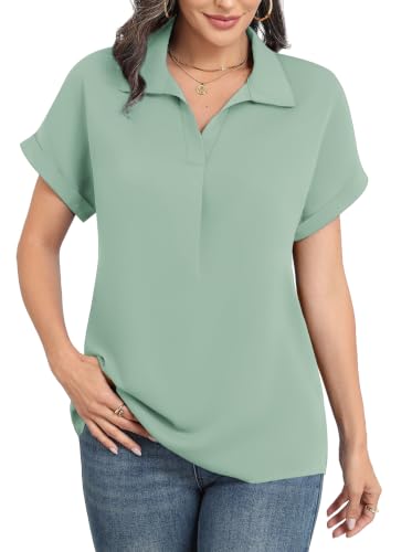 Askyes Women's V Neck Summer Casual Short Sleeve Chiffon Blouses Office Work Dress Tops Business Shirts Light Green L — view 2