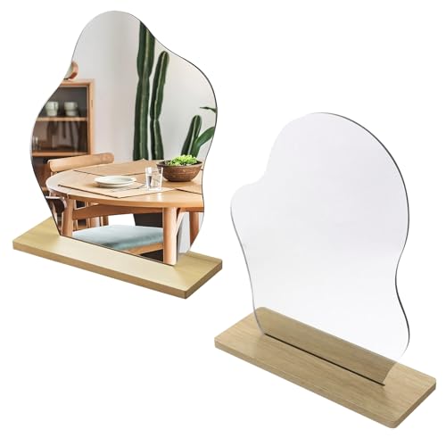 HERKINDNESS 2 Piezas Espejos, Forma Irregular Espejo Pequeño, Acrílico Sin Marco Espejo de Tocador, Espejo de Mesa con Base de Madera para Dormitorio, Hotel
