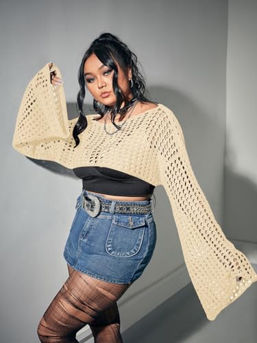 Image of Floerns Women's Plus Size Boat Neck Long Sleeve Hollow Out Crochet Cropped Sweater