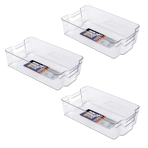 Image of Plastic Pantry Organizer Bins | Fridge Storage Boxes | Refrigerator Containers | Organiser for Pantry, Cabinet, Freezer | Containers for Food, Drinks & Snacks (Medium, 32x21x9, Pack of 3)