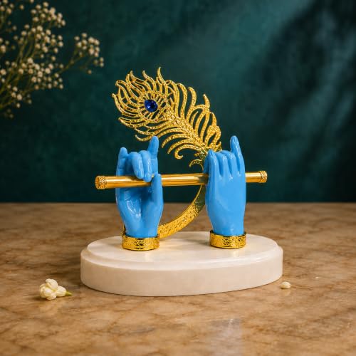 Image of CraftVatika Goldplated Krishna Hand with Flute Idol Peacock Feather Mor Pankh Showpiece,Housewarming Gift, Birthday Anniversary Wedding Janmashtami Gift,Home Decor Decoration Items for Living Room