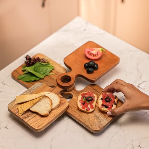Image of River | Loop Acacia Wood Serving Board Set of 4| 7.5x5x2.25 Inch | Food Safe Rectangular Cheese & Dessert Serving Platter for Cupcakes, Pastries, Donuts, Fruits, Snacks | Brown