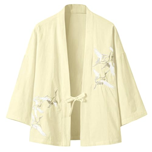 Image of Mens Japanese Kimono Cardigan Cotton Linen Haori Fashion 3 /4 Sleeve Yukata | Shawl Collar Kimono Jacket Robe Embroidery Patchwork Happi Coat Tie Pockets Lightweight Outerwear Daily Casual All Seasons