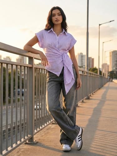 Image of Women Striped Wrap Style Cotton Shirt Drop Shoulder Casual Wear