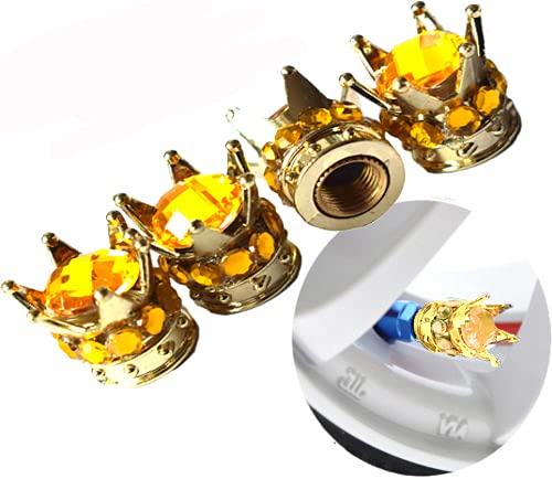 Black Gold Silver Pink White Crown Alloy Car Wheel Tire Tyre Valve Dust Caps Covers Tire Set of 4 (Gold Crown with Gold Stones)