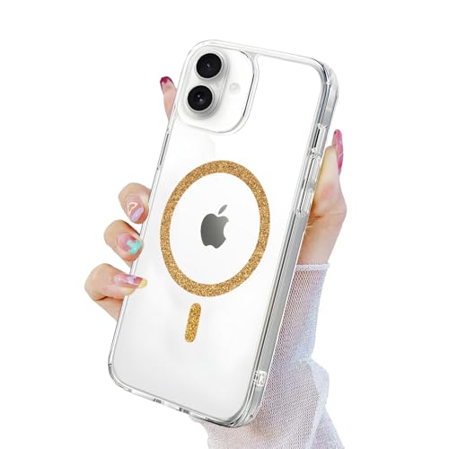 Image of AIBEX Back Cover Case Compatible with iPhone 16 | Glitter Ring Cute Shiny Colorful Bling Case (Compatible with Magsafe) | Transparent PC+TPU Glossy Shiny Cover for Girls & Women - Gold