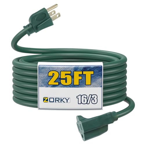Image of 25ft Outdoor Extension Cord - 16 /3 Heavy Duty SJTW Waterproof Green Electrical Cable with 3 Prong Grounded Plug for Safety, Great for Lawn and Major Appliances