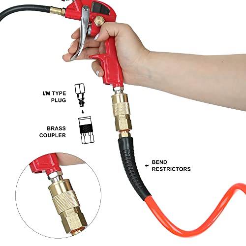 Joroy Polyurethane Air Hose, 1/4-Inch X 10 Feet Recoil Pu Air Hose With Bend Restrictors Air Compressor Hose With 1/4" Industrial Quick Coupler And Plug #TOP4
