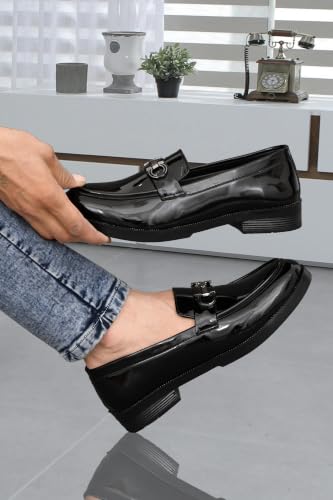 Image of VELTRIX Men's Premium Patent Leather Finish Formal Loafers | Horsebit Buckle Slip-On Shoes | Comfortable Office, Party, Wedding & Business Dress Shoes Aldo Plain Patent