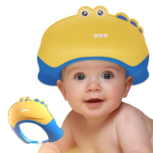Image of Baby Shower Cap Shield, Shower Cap for Kids, Visor Hat for Eye and Ear Protection for 0-9 Years Old Children,Cute Crocodile Shape Makes The Baby Bath More Fun (Yellow)