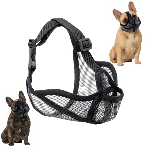 Ebksqs Museruola per Bulldog francese e muso corto cani – traspirante, regolabile, anti-morso masticare abbaiare, cestino per cani in rete (nero, S)