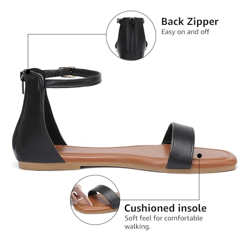 Image of katliu Women's Ankle Strap Flat Sandals One Band Dressy Sandals Square Open Toe Sandals for Summer with Back Zipper