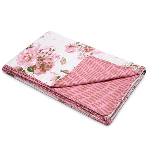 Image of HUESLAND 100% Cotton Reversible Dohar Toddler Size | Soft Cambric Weave, All Weather Light Comforter AC Quilt | Infants-New Born Blanket | 41 x 55 inches, Blushing Blooms - White, Pink & Green
