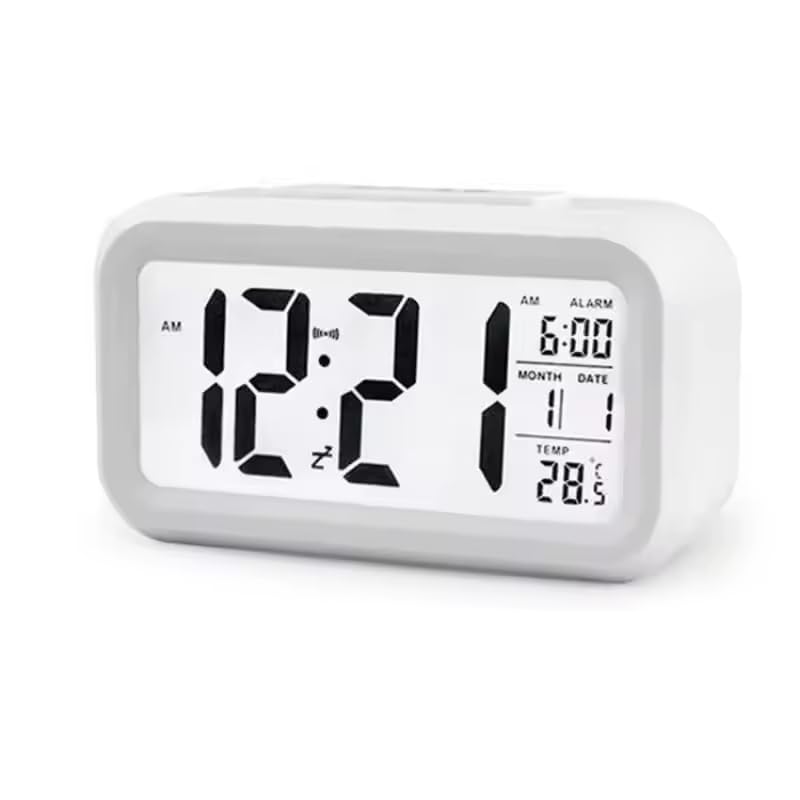 Şeker Ofisi Dekoratif Dijital Alarmlı Saat, 12/24 Dönüştürme Gece Görüşlü Yatak Başucu Saati Masa Saati Led Ekran Pilli Çalar Saat 13 x 4.5x 7.5cm (Beyaz)