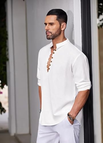 Image of Macsivo Men's Stylish Mandarin Collar Kurta | Casual Ethnic Fusion Shirt for Daily, Party & Travel | Full Sleeves | Cotton Blend Comfort Fit Short Kurta
