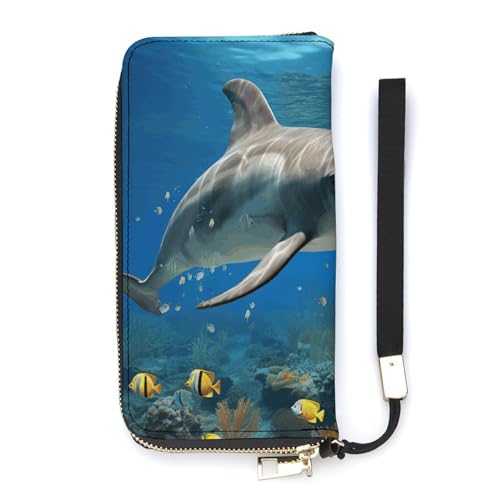 Portafoglio minimalista da uomo con stampa blu delfini portafoglio bifold carino da viaggio da donna blu 20 x 10.5 cm moderno