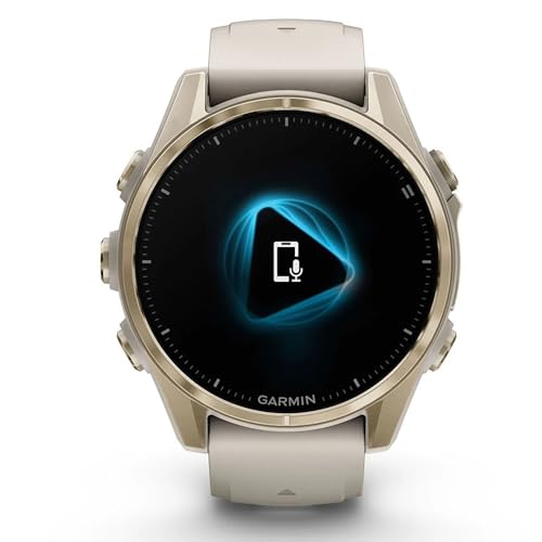 Image of Garmin Fenix 8 43mm AMOLED Sapphire Multisport GPS Smartwatch, Soft Gold with Fog Gray Sandstone Silicone Band, 010-02903-10 - Bundle w /Deco Essentials Charging Dock, Dust Cover and USB-C Cable