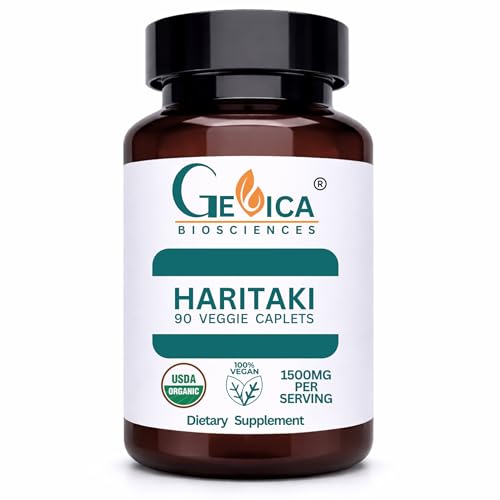 GeVica Biosciences Haritaki – USDA Organic, 1500 mg per Serving, Terminalia Chebula Whole Fruit Powder, No Extract, NPOP & BioAgriCert Certified, 90 Caplets
