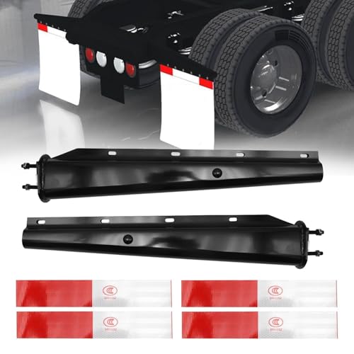 Image of Black Straight Spring Loaded Mud Flap Hanger for Semi Trucks 2-1 /2 inch Bolt Spacing 2.5 inch, 30 inch Length with Reflective Strip Sticker, Right & Left Side, 2PCS