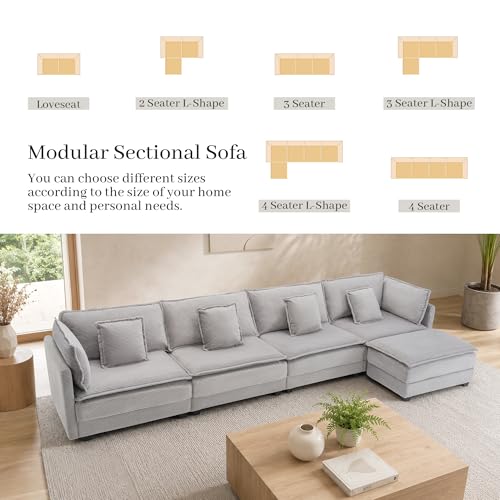 Image of Corduroy Sectional Couch, 4 Seater 149.2 inch L Shaped Cloud Couch with Ottoman, Modular Deep Seat Sofa with Pillows for Living Room, Apartment, Lightgrey