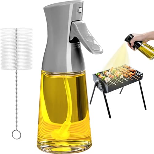 Pulverizador Aceite, 180ml Aceitera Spray en Vidrio Grueso con Cepillo de Limpieza, Rociador de Aceite de Neblina Fina para Distribución Uniforme, Cocina Saludable, Bajas Calorías, Parrilladas
