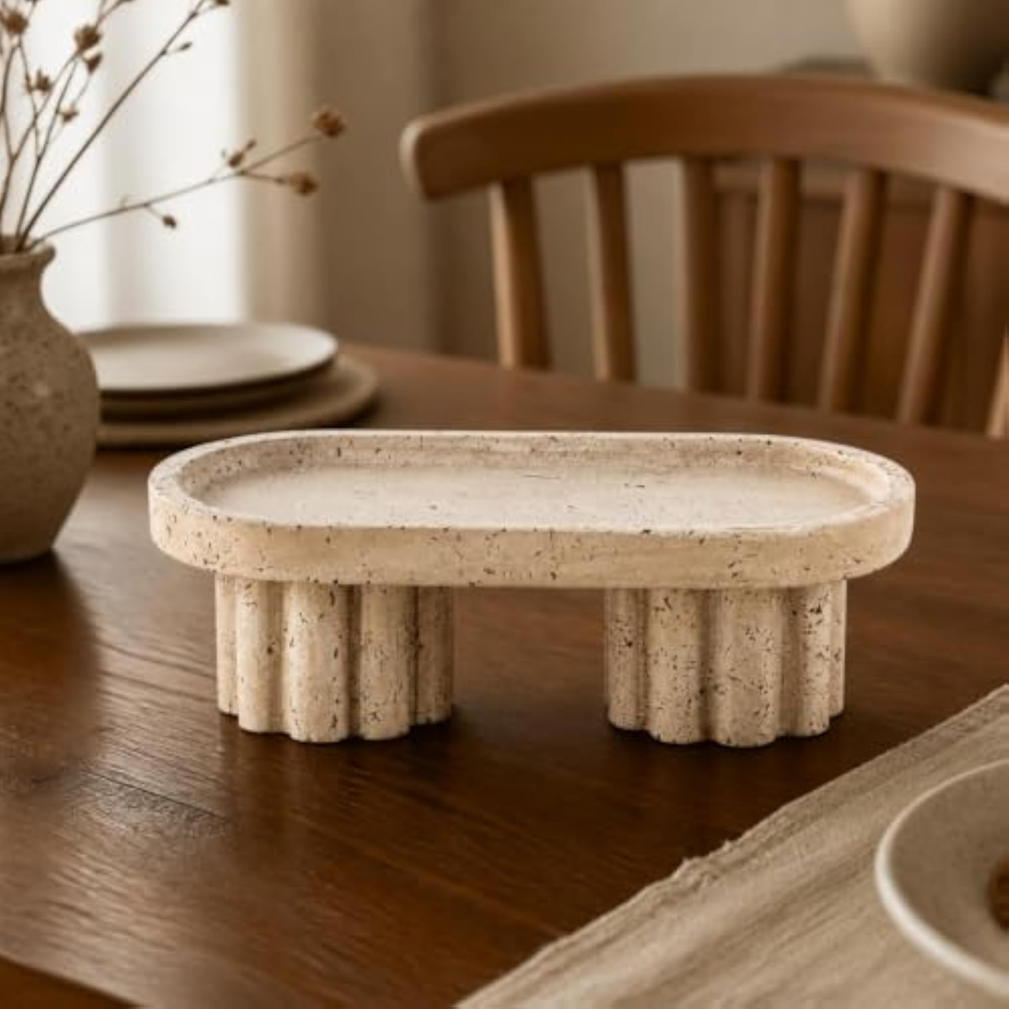 Fluted Pedestal Tray, Versatile Travertine Design